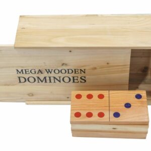 Giga houten domino spel van 28 stuks in een luxe houten kist, te huur bij FunPartyVerhuur in de regio Poppel en Turnhout. Ideaal als XXL tuinspel voor feesten en evenementen.