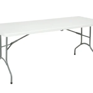 Witte inklapbare tafel (180x70 cm) van FunPartyVerhuur, ideaal voor tuinfeesten, communies of als buffettafel. De klaptafel heeft een stevig grijs onderstel en een wit kunststof tafelblad.