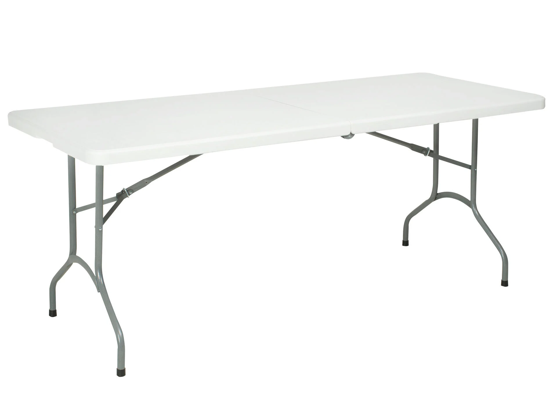 Witte inklapbare tafel (180x70 cm) van FunPartyVerhuur, ideaal voor tuinfeesten, communies of als buffettafel. De klaptafel heeft een stevig grijs onderstel en een wit kunststof tafelblad.
