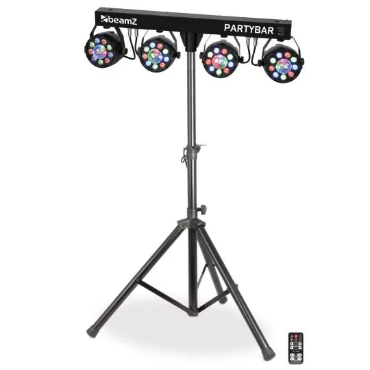 Compleet verhuurbare BeamZ Partybar 3 lichtset met 4 PAR spots en 4 ingebouwde magic balls op statief voor feesten in regio Turnhout en Poppel - FunPartyVerhuur