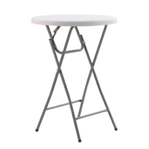 Witte inklapbare statafel (80 cm diameter) van FunPartyVerhuur Poppel. Stevige partytafel, ook beschikbaar met stretchrokken in zwart, wit of rood voor tuinfeesten en recepties.