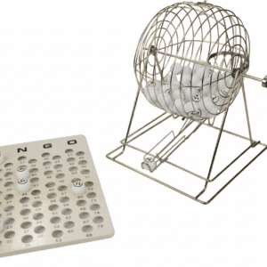 Extra grote metalen XL bingomolen met genummerde witte pingpongballen, te huur bij FunPartyVerhuur in de regio Poppel en Turnhout voor evenementen en feesten.