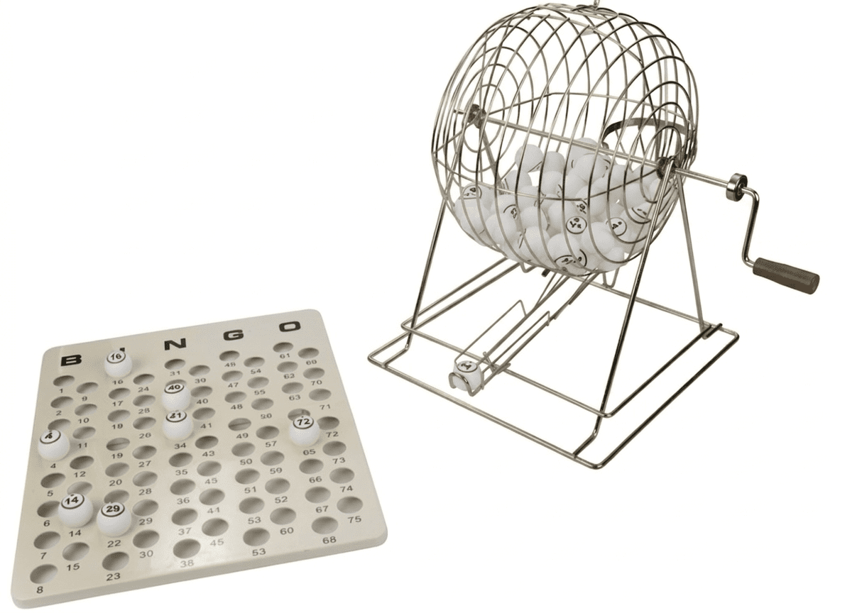 Extra grote metalen XL bingomolen met genummerde witte pingpongballen, te huur bij FunPartyVerhuur in de regio Poppel en Turnhout voor evenementen en feesten.