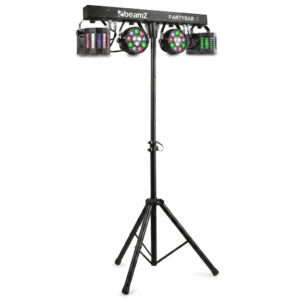Compleet verhuurbable BeamZ PartyBar 2 lichtset met 2 PAR spots en 2 Derby lichteffecten op statief voor feesten in regio Turnhout en Poppel - FunPartyVerhuur