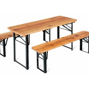 Houten kinder biertafel met twee bankjes te huur bij FunPartyVerhuur in Poppel. Deze inklapbare houten picknickset voor kinderen is ideaal voor tuinfeesten en kinderfeestjes in regio Turnhout en Ravels.