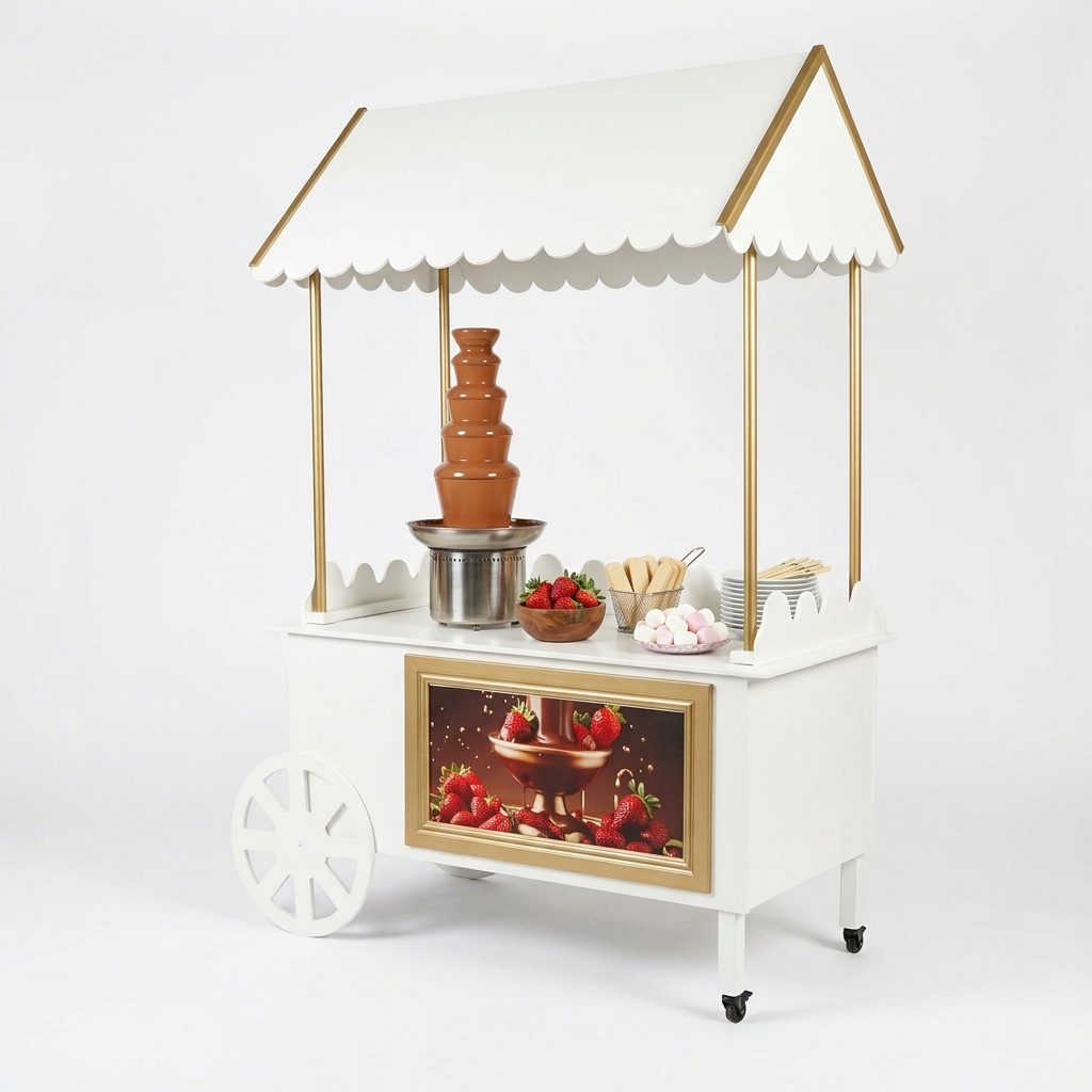 Gevulde witte chocoladefontein kraam met stromende chocolade, verse aardbeien, spekjes en dessertbordjes op een witte achtergrond.