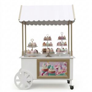 Luxe witte cupcake kar te huur voor feesten en bruiloften, verjaardagen en feesten.