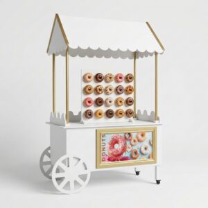 Gevulde witte donut kar met houten donut wall vol gekleurde donuts, te huur voor feesten en bruiloften.