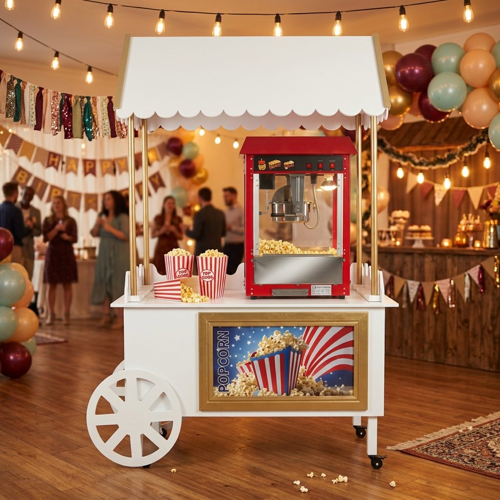 Sfeervolle witte popcornkar van FunPartyVerhuur met rode popcornmachine op een feestlocatie voor een evenement of verjaardagsfeest.