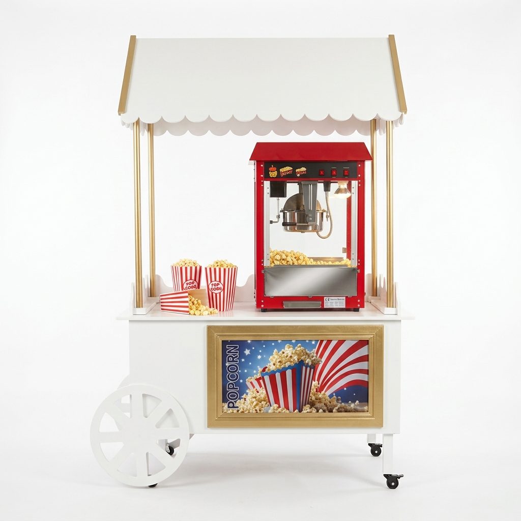 Witte houten popcornkar van FunPartyVerhuur met een rode professionele popcornmachine (halfvol met verse popcorn) inclusief RVS klep en popcornbekers op een schone witte achtergrond.