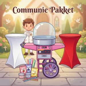 Cartoon illustratie van het Communie Pakket, bestaande uit een roze suikerspinmachine op wielen, suikerspiningrediënten met smaken aardbei, bosbes en banaan, twee statafels met een witte en rode hoes, en een jongen in communiekleding op de achtergrond.