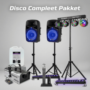 Compleet disco pakket huren met 800W geluidsinstallatie, lichtset, blacklights, rookmachine en draadloze microfoon bij FunPartyVerhuur in Poppel en Turnhout.