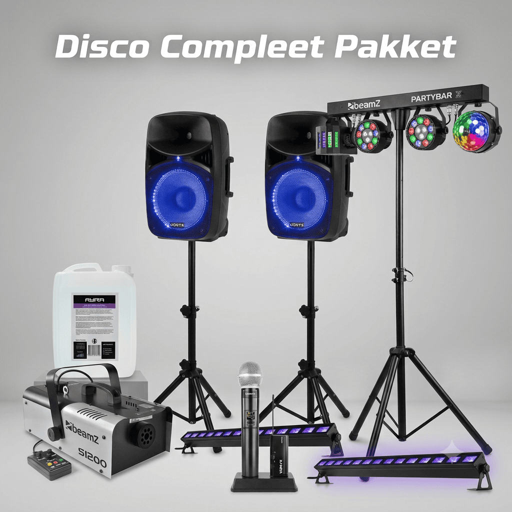 Compleet disco pakket huren met 800W geluidsinstallatie, lichtset, blacklights, rookmachine en draadloze microfoon bij FunPartyVerhuur in Poppel en Turnhout.
