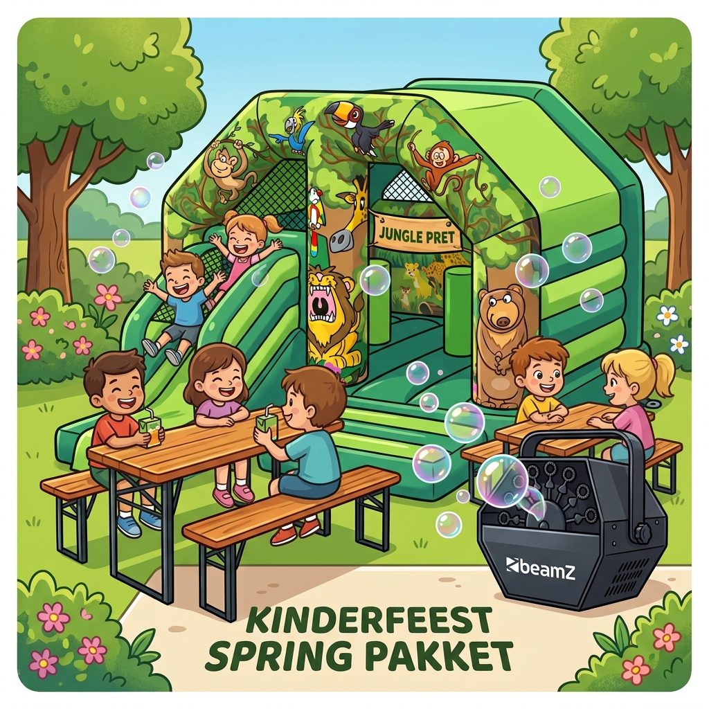 Sfeerbeeld van het Kinderfeest Spring Pakket met het Jungle springkasteel met glijbaan, twee houten kinderbiertafelsets en een bellenblaasmachine in de tuin.