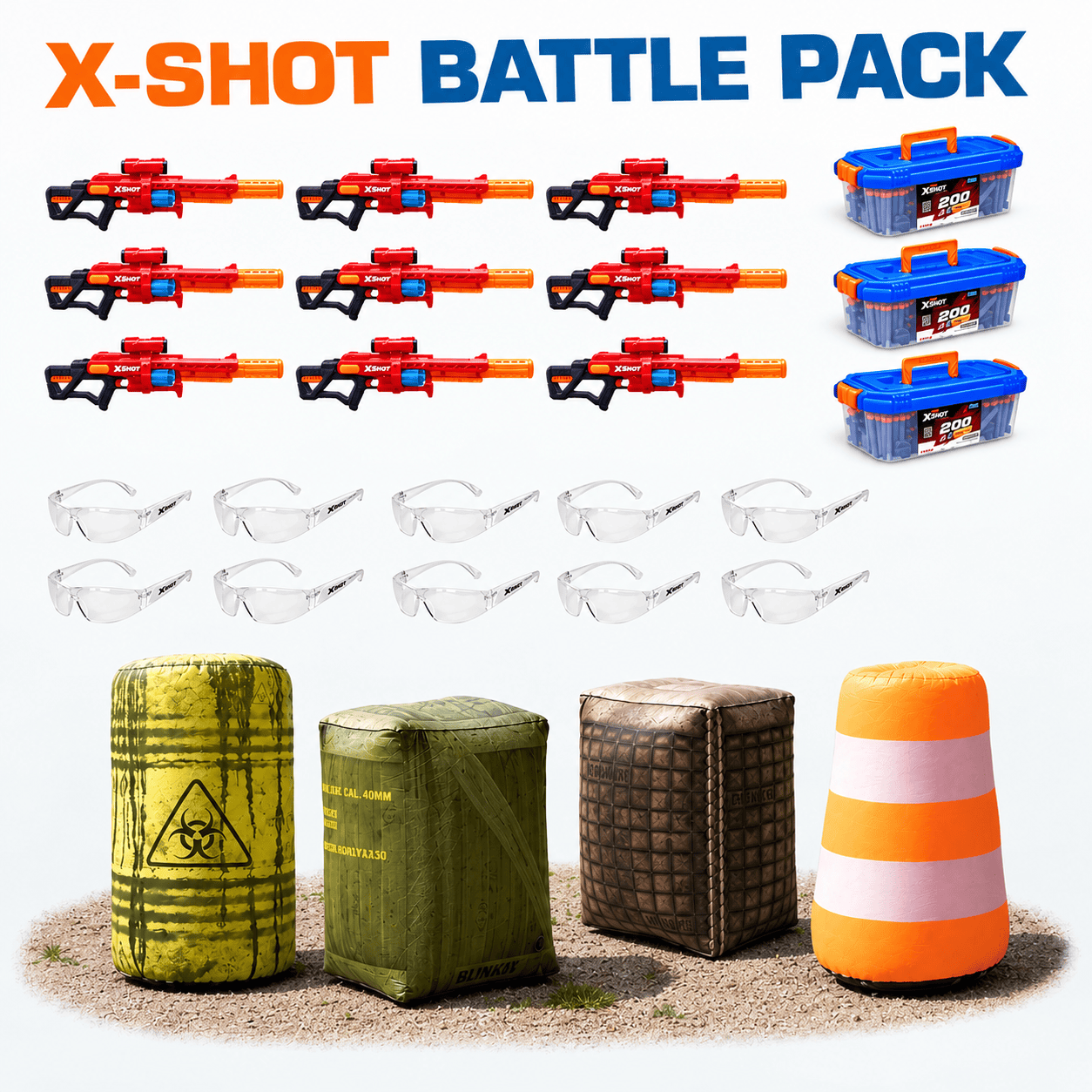 Huur een X-shot battle pack met blasters, pijltjes, veiligheidsbrillen en optioneel bunkers.