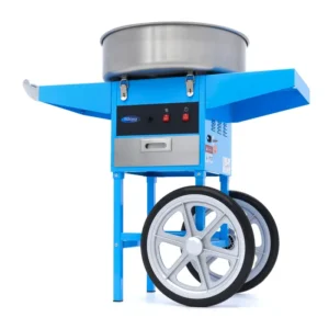 Professionele blauwe suikerspinmachine op onderstel huren in Poppel – inclusief retro wagentje voor een feestelijke uitstraling bij FunPartyVerhuur.