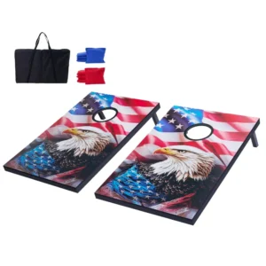 Houten cornhole set met 8 zitzakken en draagtas huren bij FunPartyVerhuur in de regio Poppel en Turnhout.