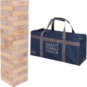 Mega Jenga XL huren bij FunPartyVerhuur: een houten stapeltoren van 90 cm tot 150 cm hoog, ideaal als tuinspel voor feesten in regio Poppel en Turnhout.