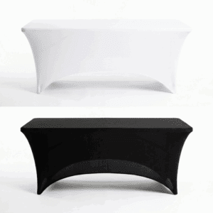 Verticale groepsfoto van twee rechthoekige klaptafels met stretch rokken in de kleuren wit (boven) en zwart (onder), met witruimte ertussen, gepresenteerd op een witte studio-achtergrond. Beide tafels zijn symmetrisch en van voren gefotografeerd. Deze professionele, elastische tafelhoezen zijn te huur bij FunPartyVerhuur in regio Poppel en Turnhout.