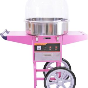Klassieke roze suikerspinmachine op onderstel te huur bij FunPartyVerhuur voor evenementen in de regio Turnhout en Ravels.