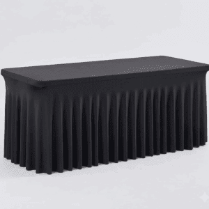 Luxe buffettafel met zwarte geplooide stretchrok huren in regio Turnhout – stijlvolle inklapbare tafel voor feesten bij FunPartyVerhuur.