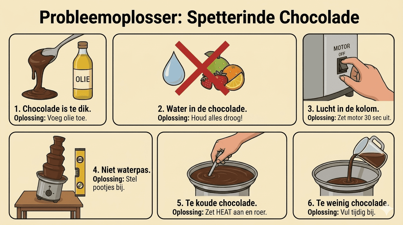 Probleemoplosser voor spetterende chocolade van een chocoladefontein. Te huur bij FunPartyVerhuur