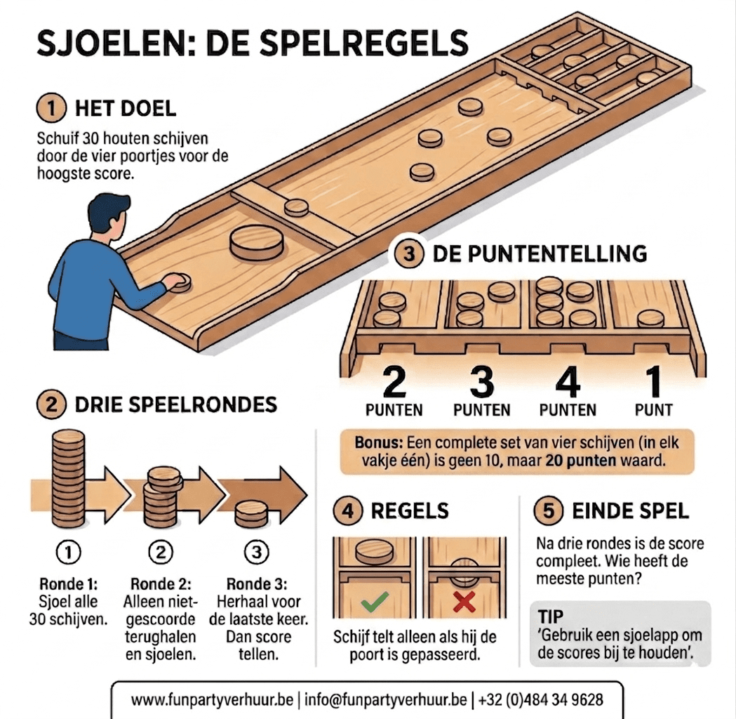 Educatieve infographic poster met de spelregels van sjoelen van FunPartyVerhuur, inclusief uitleg over de drie speelrondes, de puntentelling met bonuspunten en een diagram voor geldige schijven bij de poortjes.