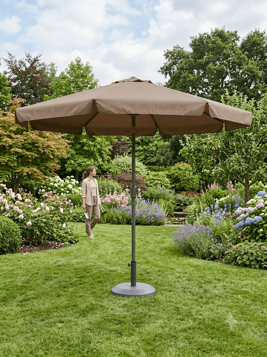 Luxe taupe parasol geplaatst in een sfeervolle tuin voor een tuinfeest.