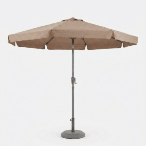 Professionele taupe horeca parasol met een diameter van 300 cm inclusief voet.