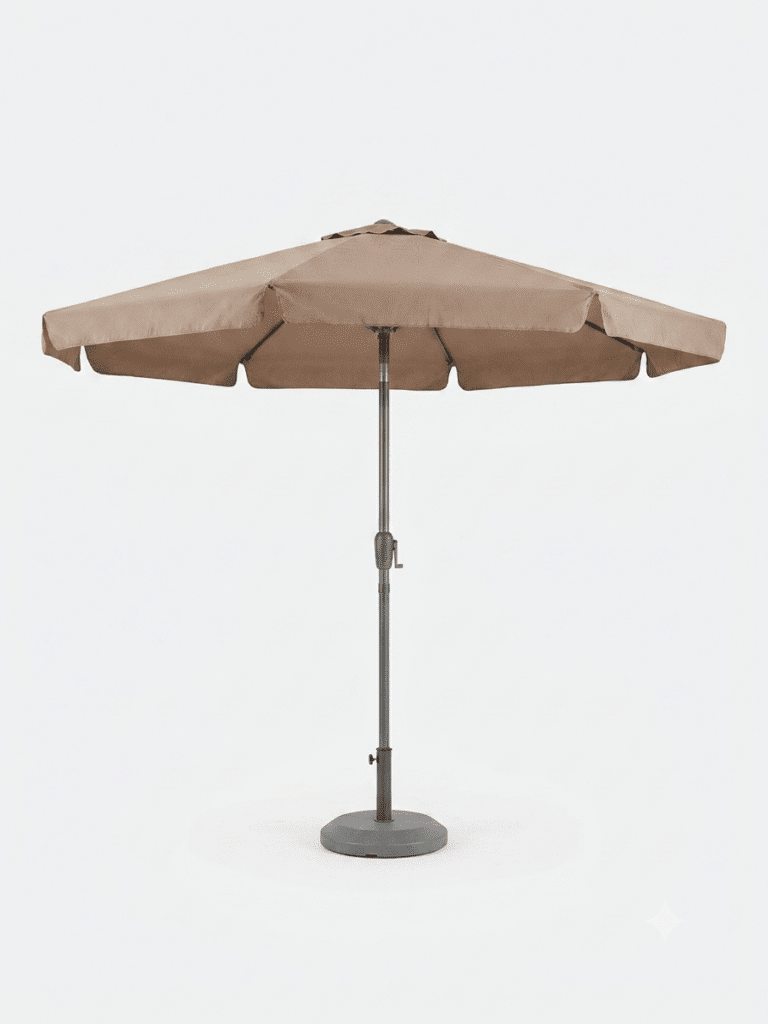 Professionele taupe horeca parasol met een diameter van 300 cm inclusief voet.