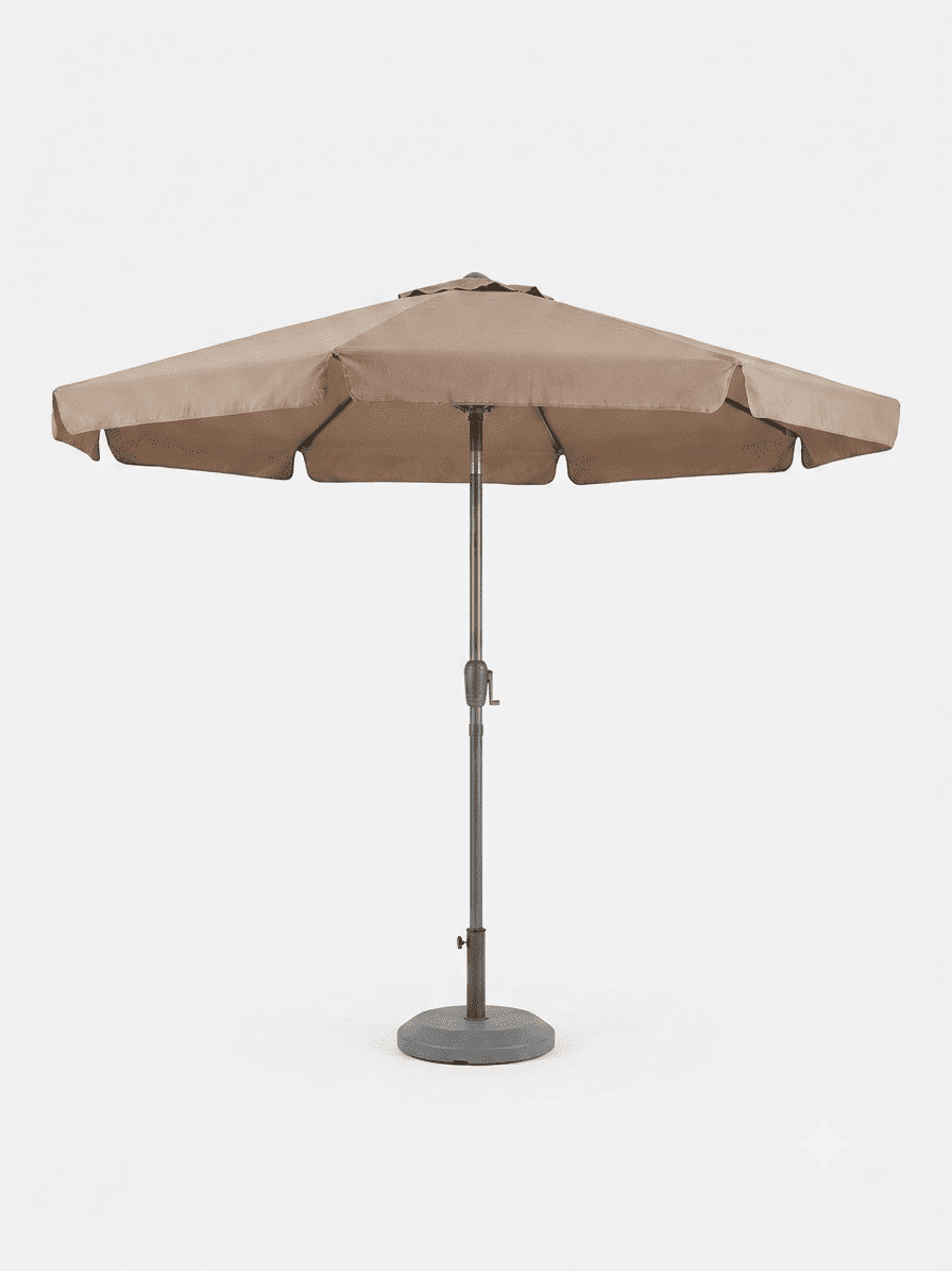 Professionele taupe horeca parasol met een diameter van 300 cm inclusief voet.