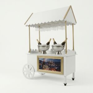 Witte mobiele champagnekar met gouden accenten, 2 champagnekoelers en glazen huren voor een nieuwjaarsreceptie in Poppel en Turnhout.