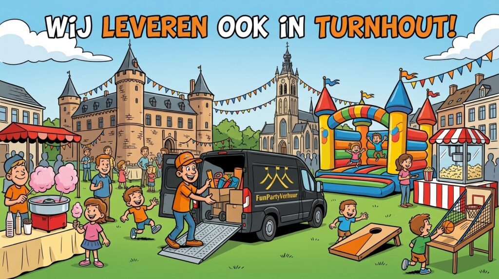 Cartoon illustratie van FunPartyVerhuur met de zwarte bestelbus en laadklep die feestmateriaal, springkastelen en funfood machines levert in Turnhout.