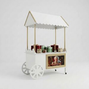 Witte kerst candy cart gevuld met diverse ingepakte kerstcadeaus in rood, groen en goud op een strakke, neutrale achtergrond.